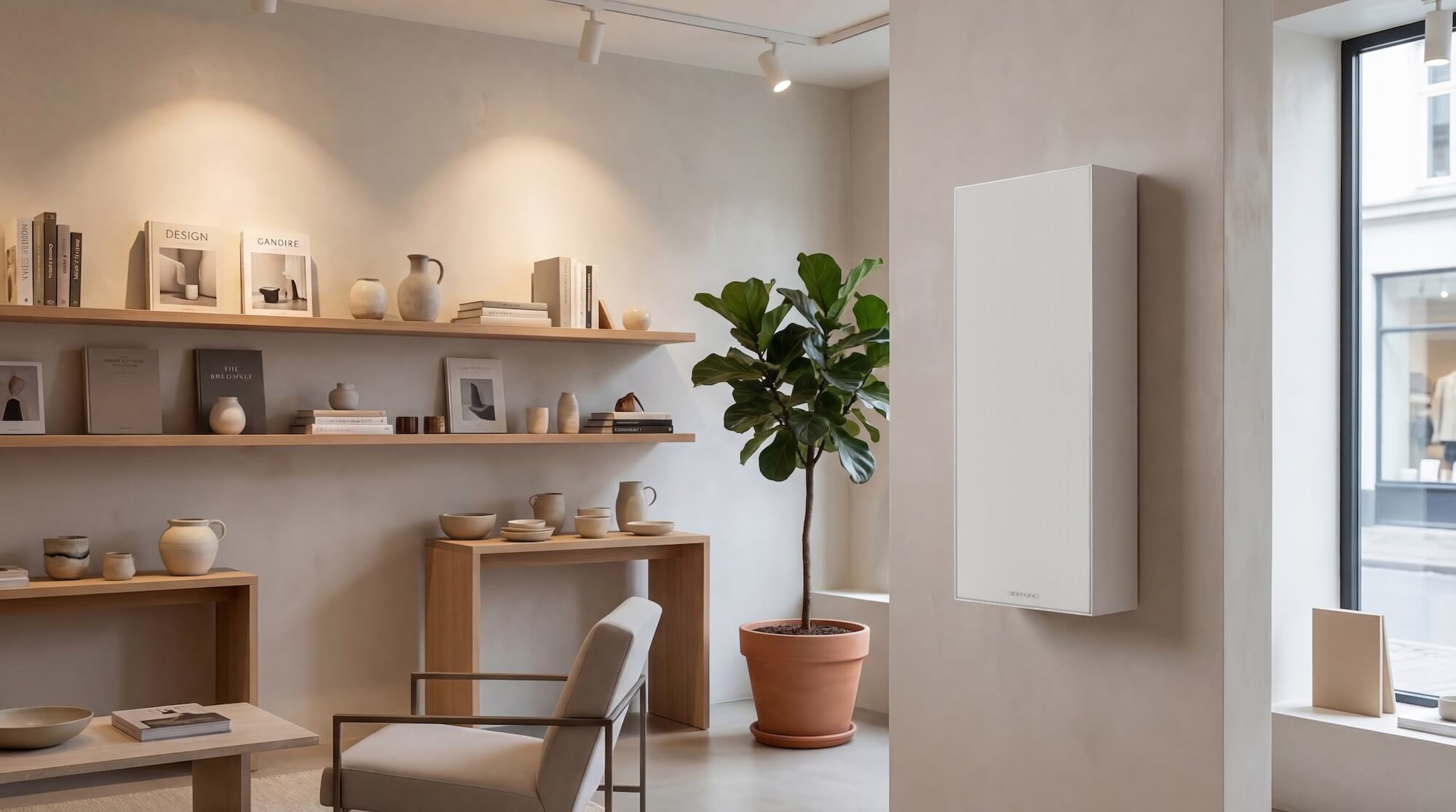 Garvan KW313 slim LCR wall-mounted speakers installed in an indoor environment