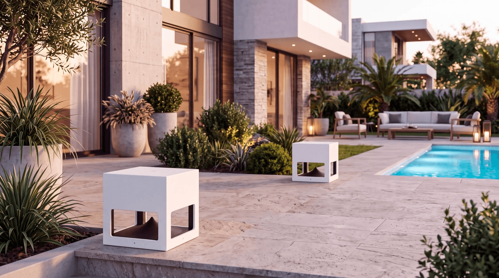 White SA117 speakers in the garden of a luxury villa