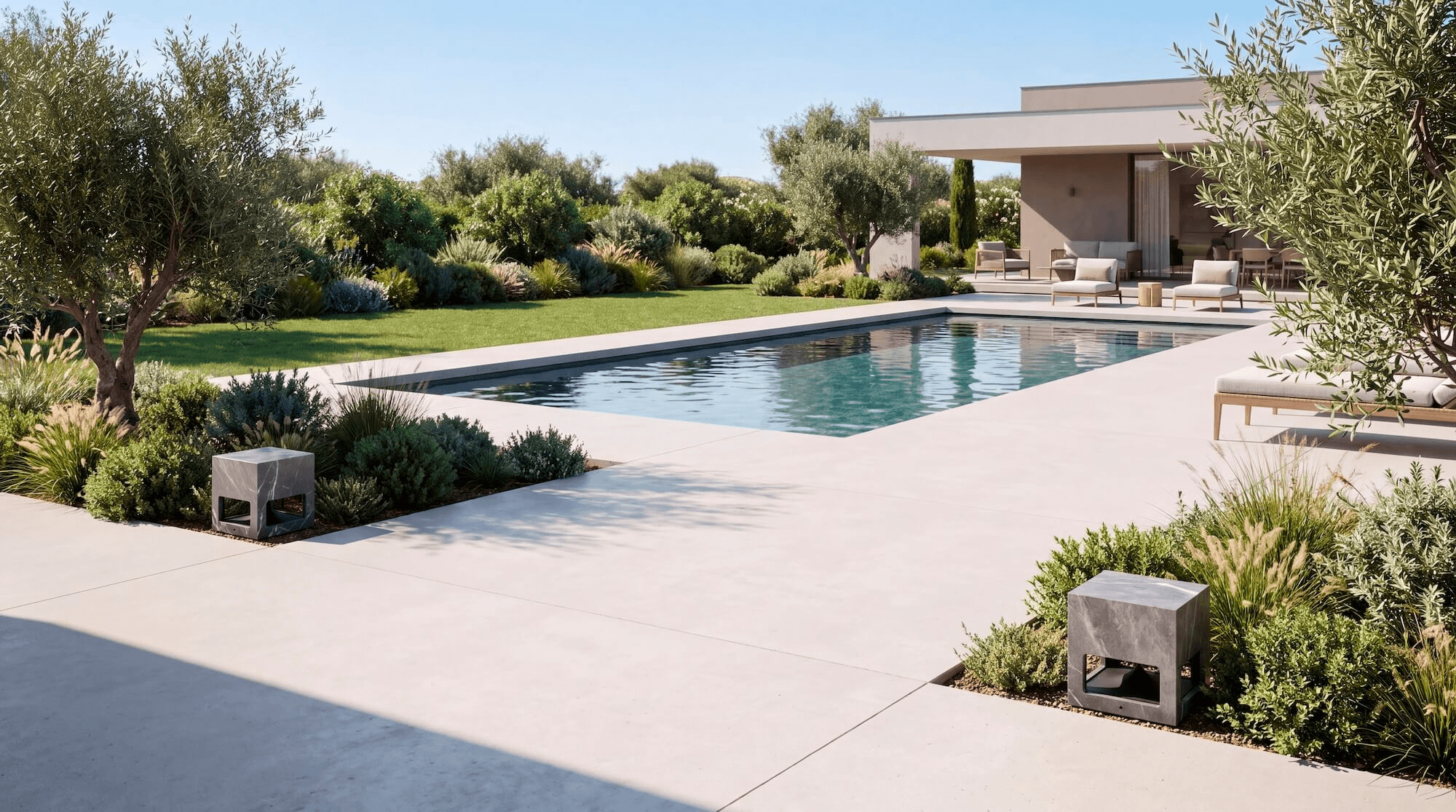SA117 speakers in marble-effect porcelain stoneware integrated into a pool landscape